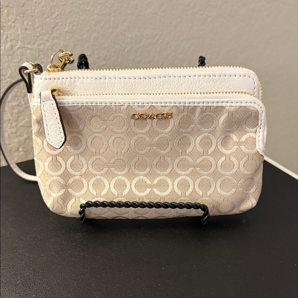 Coach Beige Signature Canvas Wristlet with White Trim